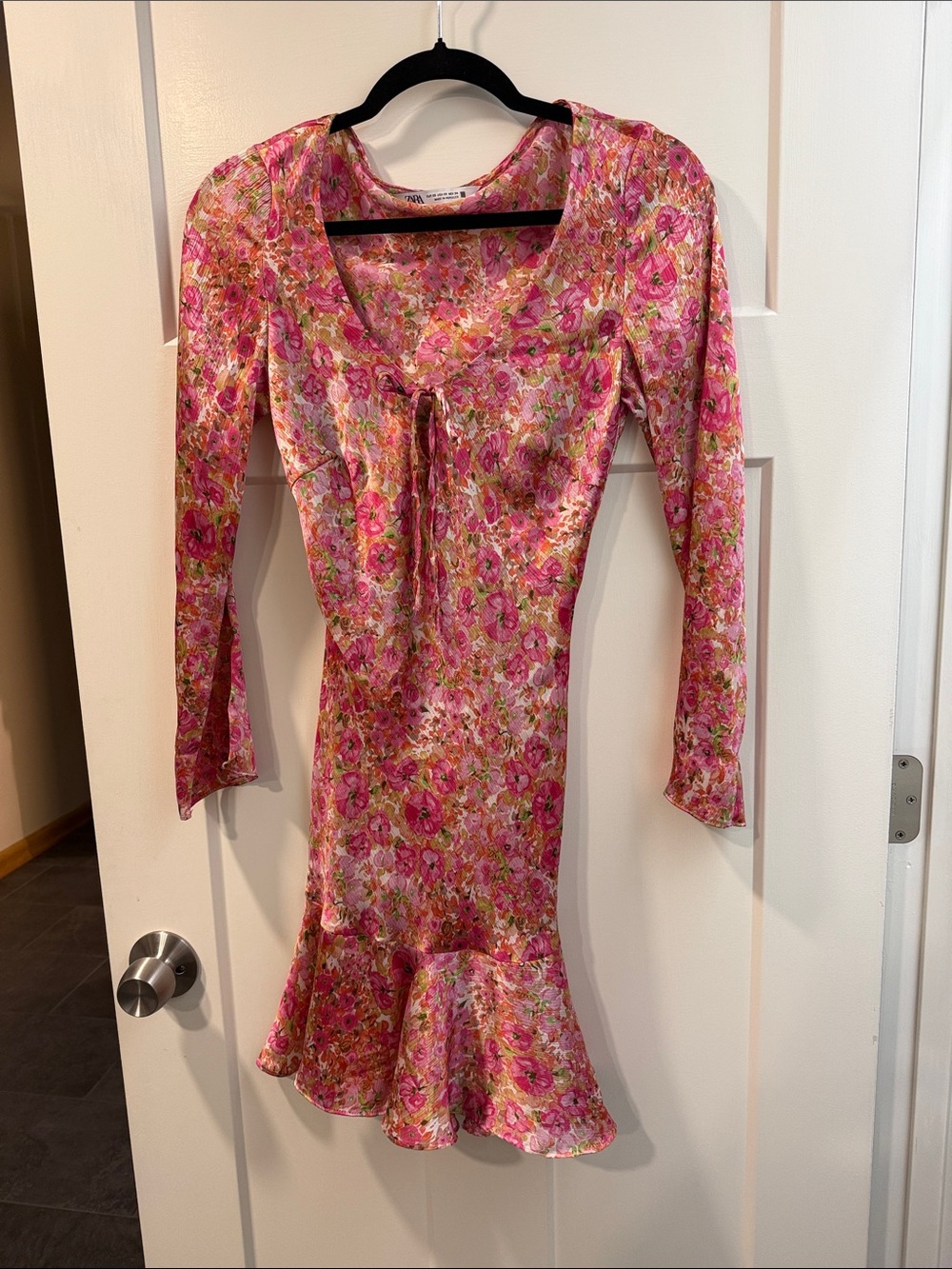 Zara Pink Floral Long-Sleeve Tie-Front Ruffle Dress